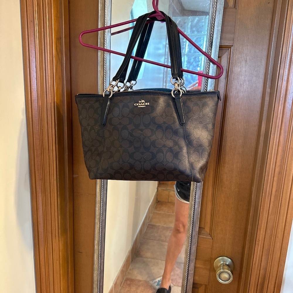 Coach Brown Signature Canvas Shoulder Bag with Black Trim